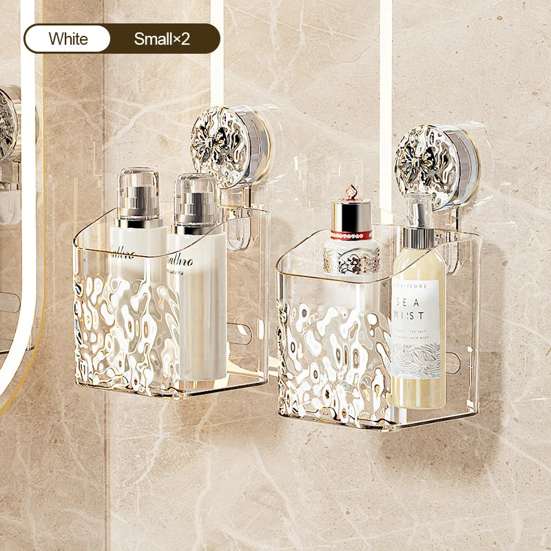 Clear glass storage rack with stainless steel suction cups holding white and yellow liquid bottles for bathroom organization