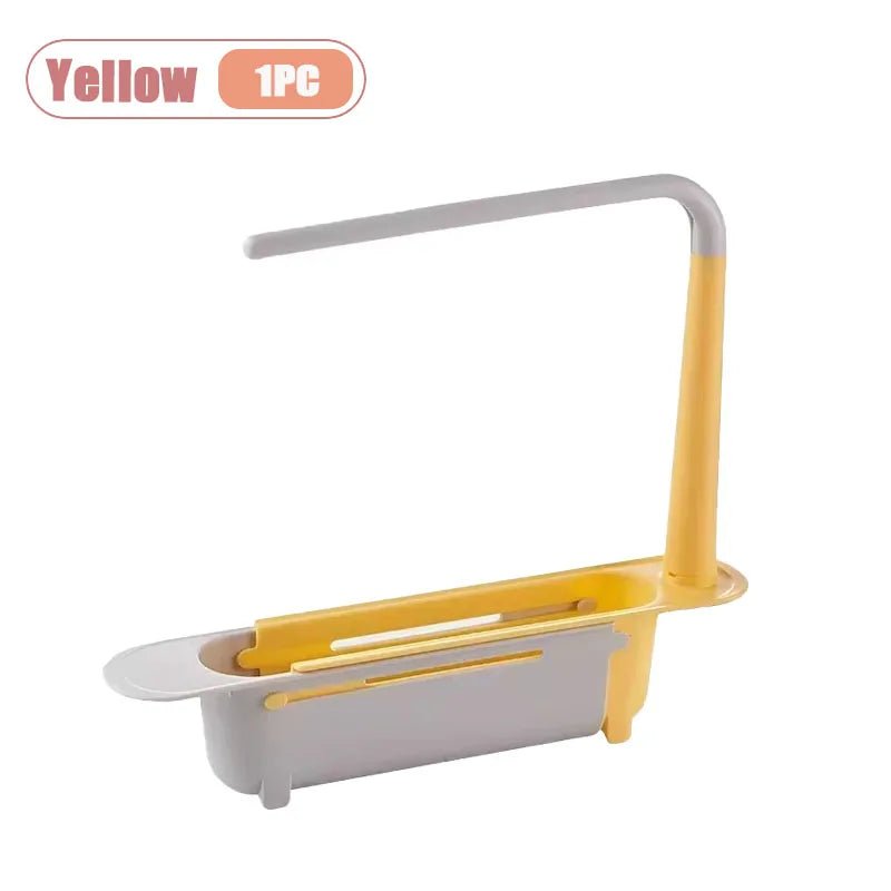 Yellow adjustable over-sink dish rack organizer with a long handle and tray