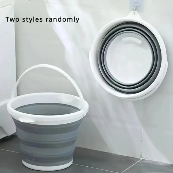 Two styles of foldable silicone buckets hanging on a wall.