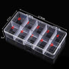 A transparent nail art organizer storage box with nine compartments labeled 0 through 9 and dimensions marked.