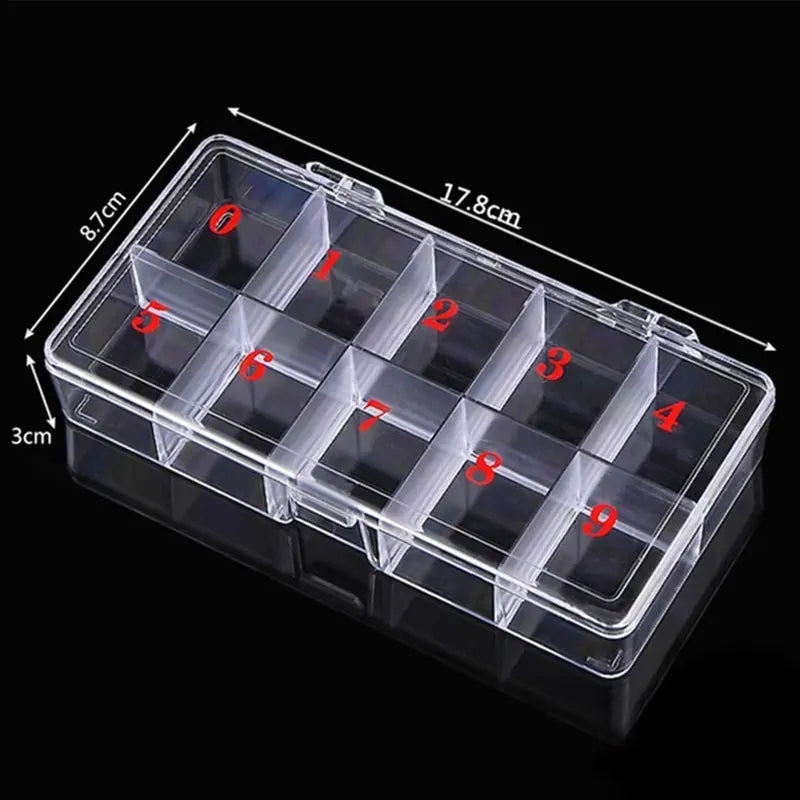 A transparent nail art organizer storage box with nine compartments labeled 0 through 9 and dimensions marked.