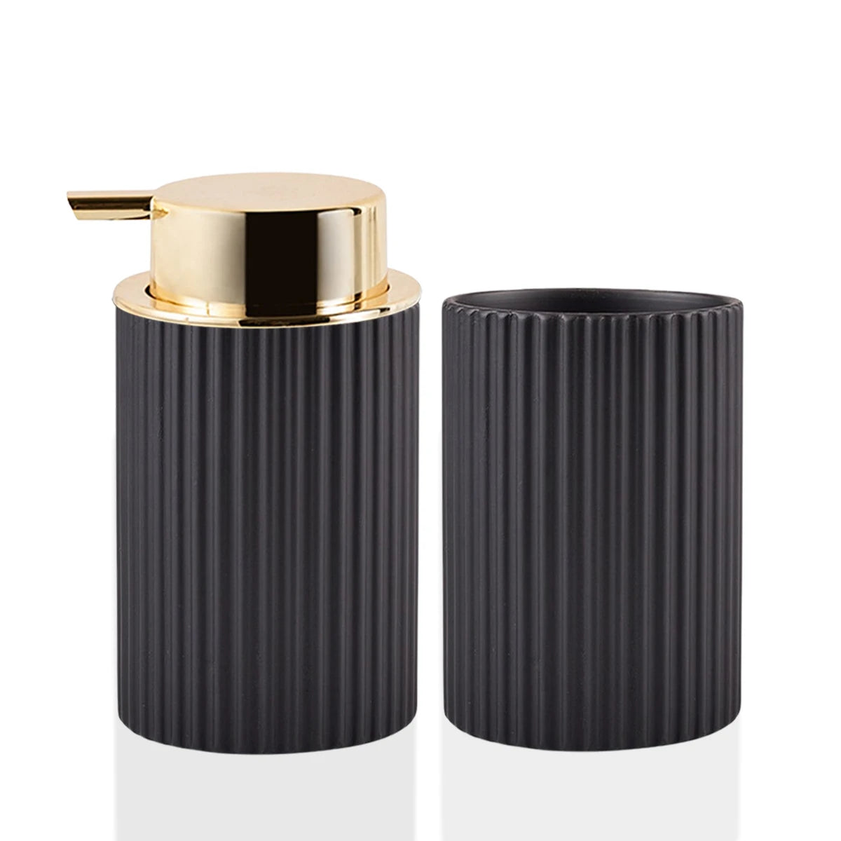 A black cylindrical soap dispenser with a gold pump top and a toothbrush holder inside.