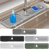 A silicone sink splash guard mat is shown in various colors and designs, demonstrating its use for preventing water splashes.