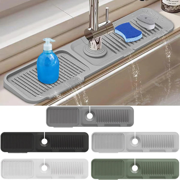 A silicone sink splash guard mat is shown in various colors and designs, demonstrating its use for preventing water splashes.