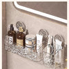 A large storage basket with various compartments for bathroom items like perfume, skincare products, cosmetics, toiletries, a