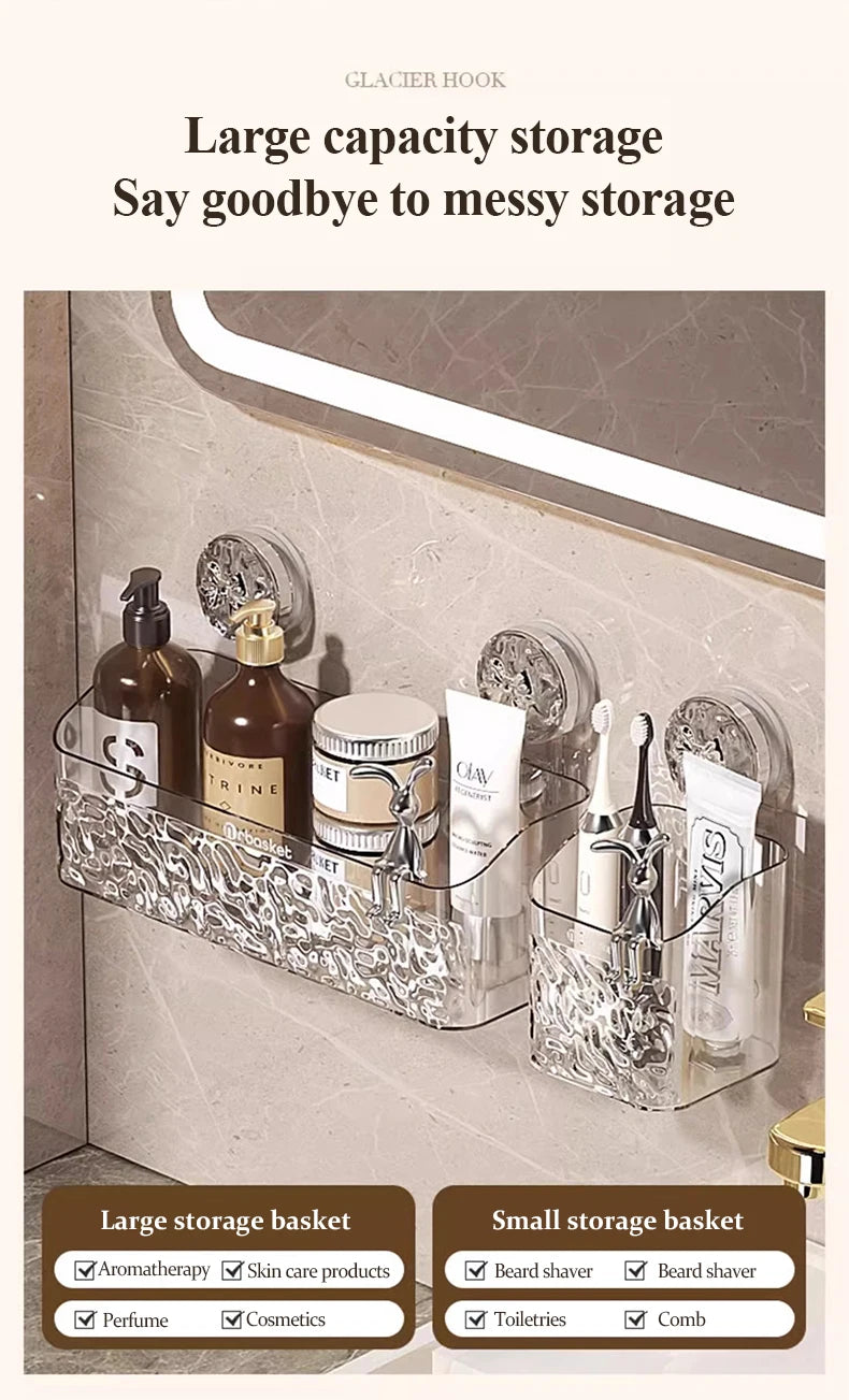 A large storage basket with various compartments for bathroom items like perfume, skincare products, cosmetics, toiletries, a