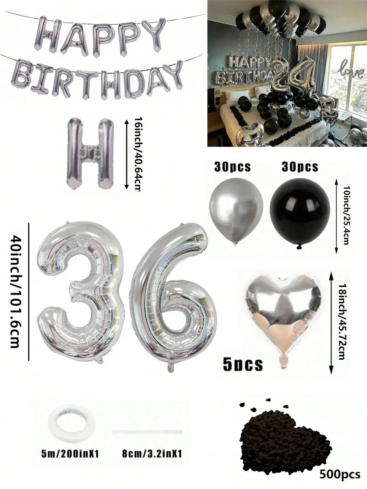 Un juego de globos con números y formas de corazón en papel metálico plateado y negro, para decoración de cumpleaños.
