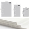 Three sheets of A5, A6, and A7 paper sizes are shown next to a profile view of a binder or folder.