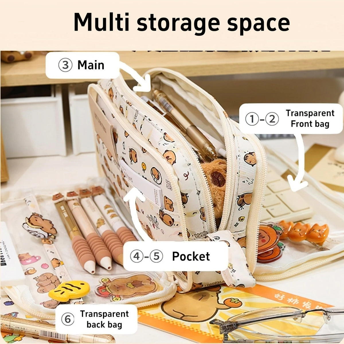 A multi storage space pencil pouch showing various compartments including a main section, pocket, and transparent bags.