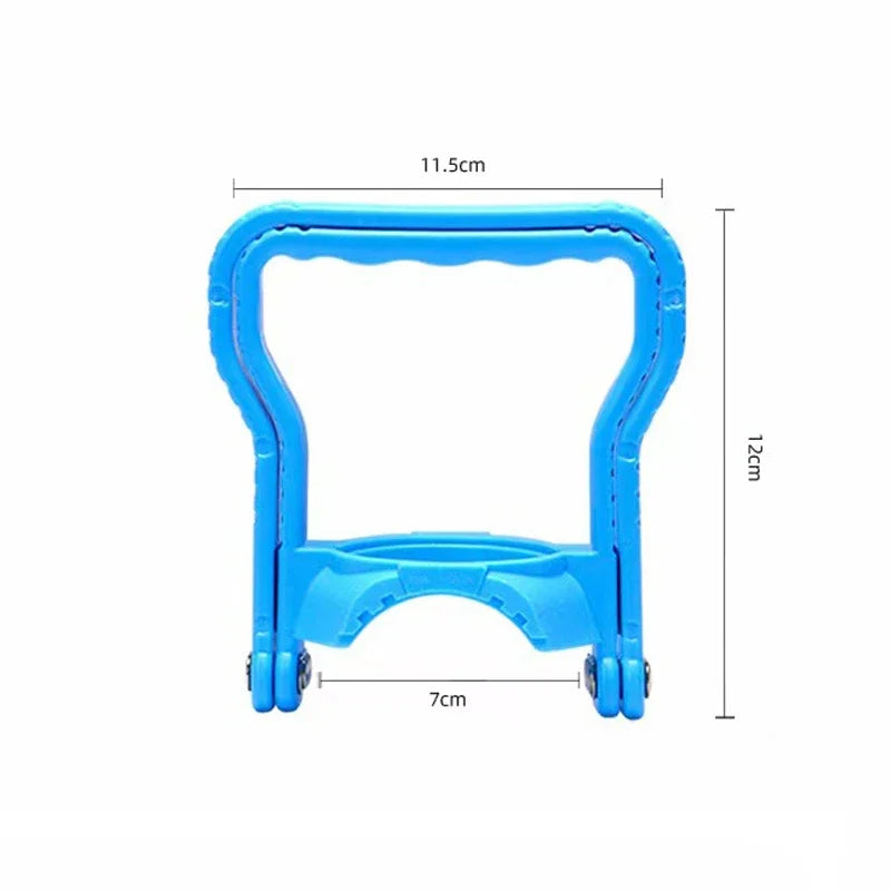 A bright blue portable water bottle carrier with a handle, shown from the front.