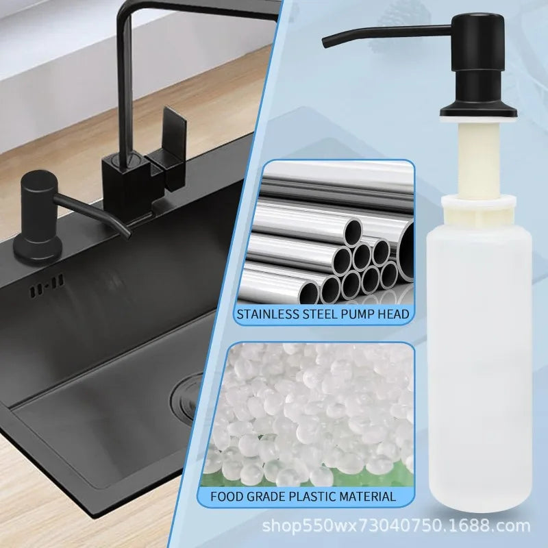 A black faucet mounted on a sink with a white liquid soap dispenser featuring a stainless steel pump head and food grade plas