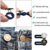 Adjustable button extenders in blue and silver for clothing
