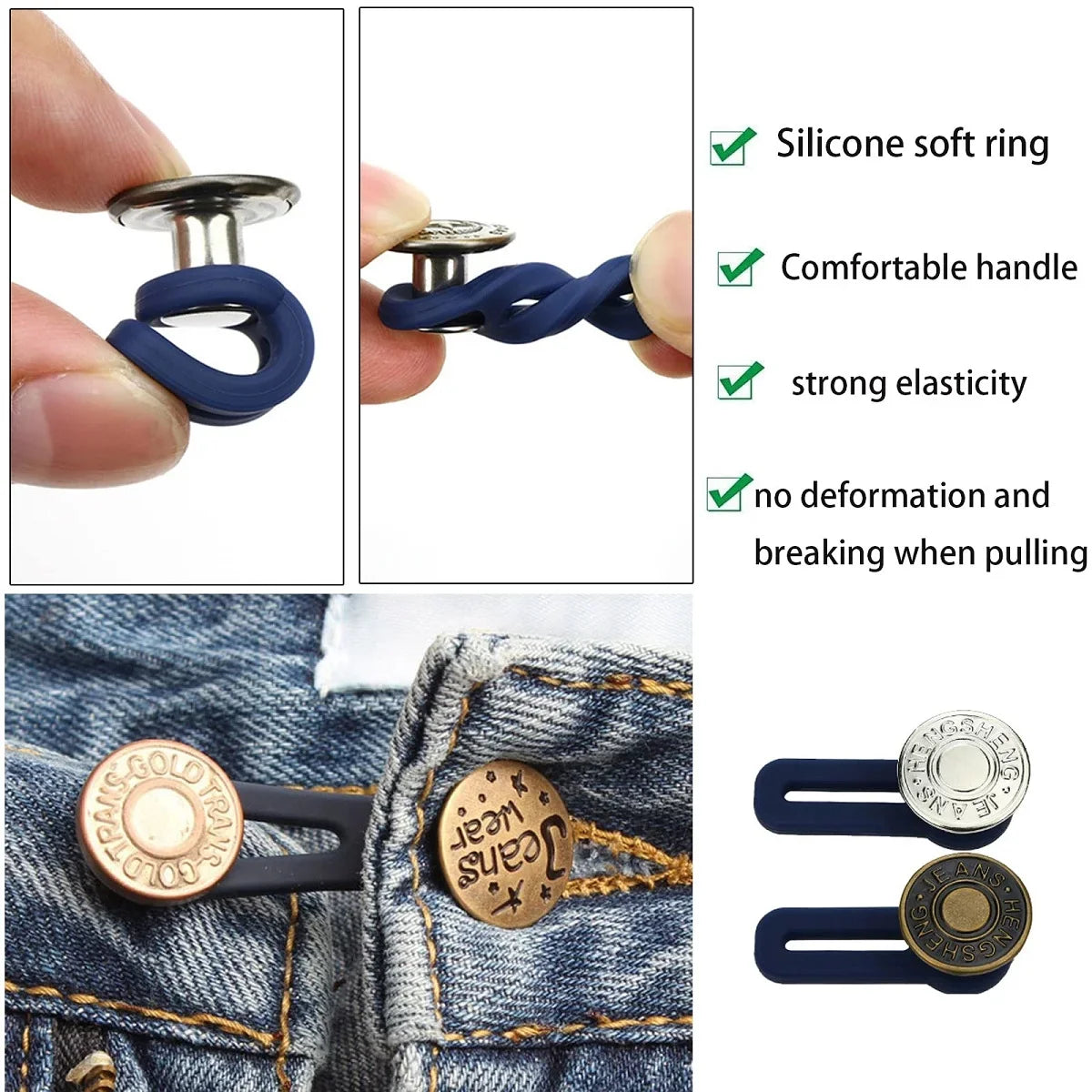 Adjustable button extenders in blue and silver for clothing