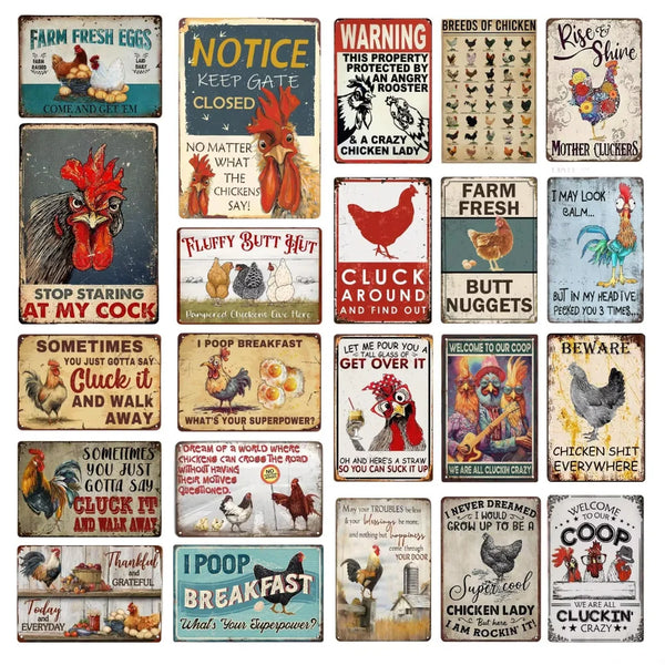 A collection of vintage metal tin signs featuring humorous sayings about chickens and farm life.