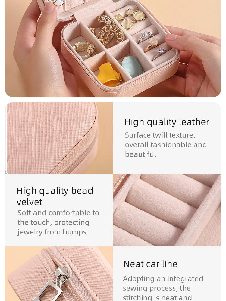 A pink portable jewelry storage box with multiple compartments and a neat car line stitching.