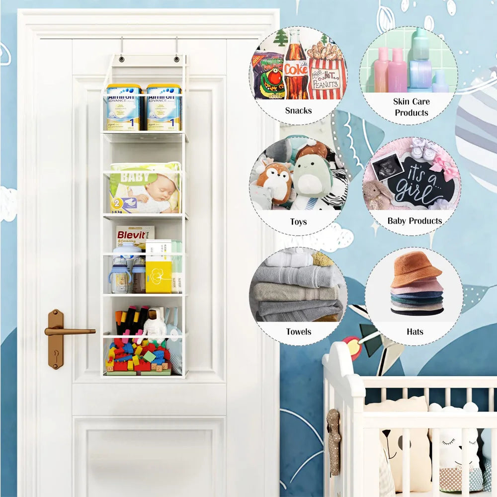 White over-the-door fabric storage organizer with multiple pockets for baby and household items