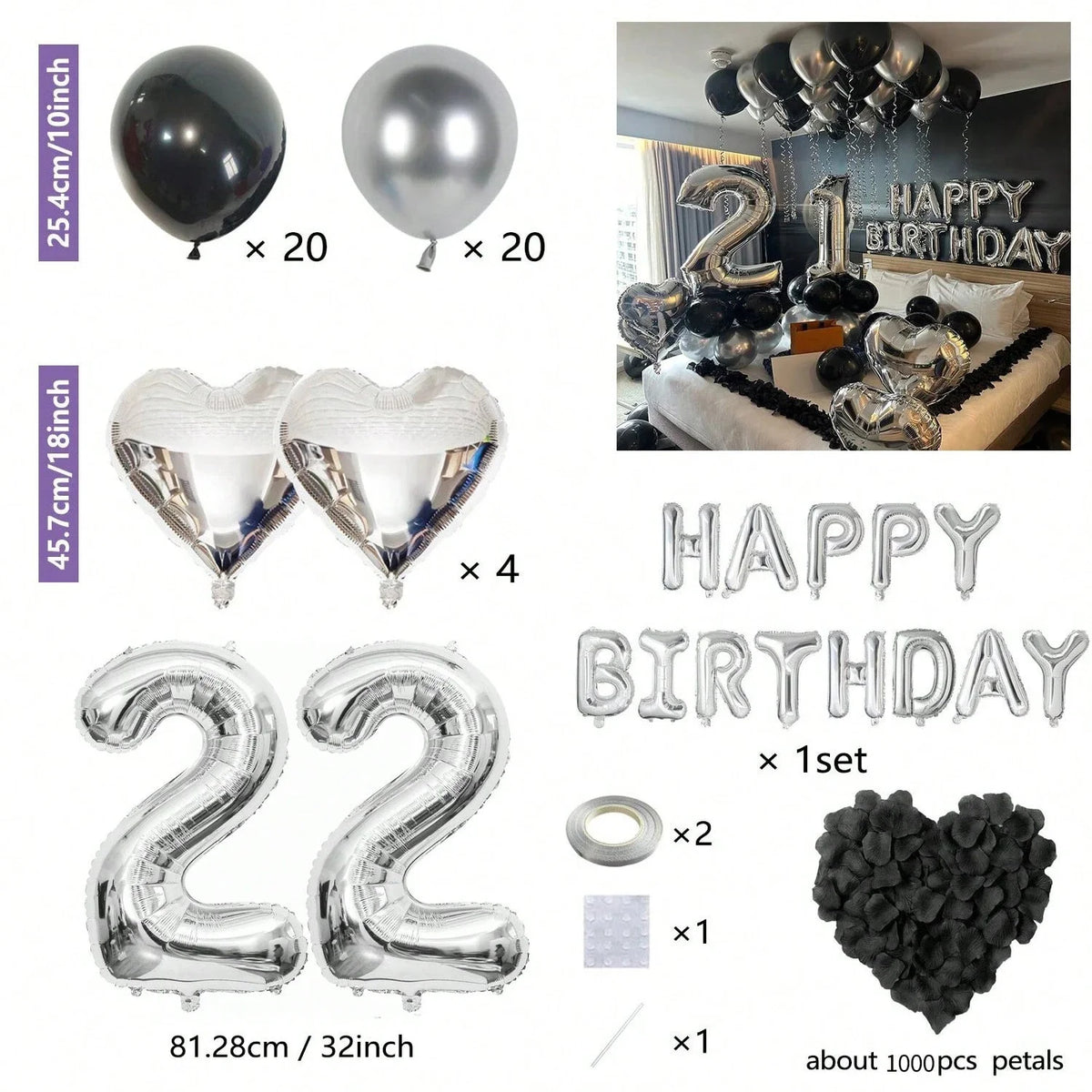 Elegant black and silver birthday decor kit featuring balloons, heart confetti, and number balloons