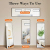 Three ways to use a full body standing wall mirror: horizontally, standing, and hanging.