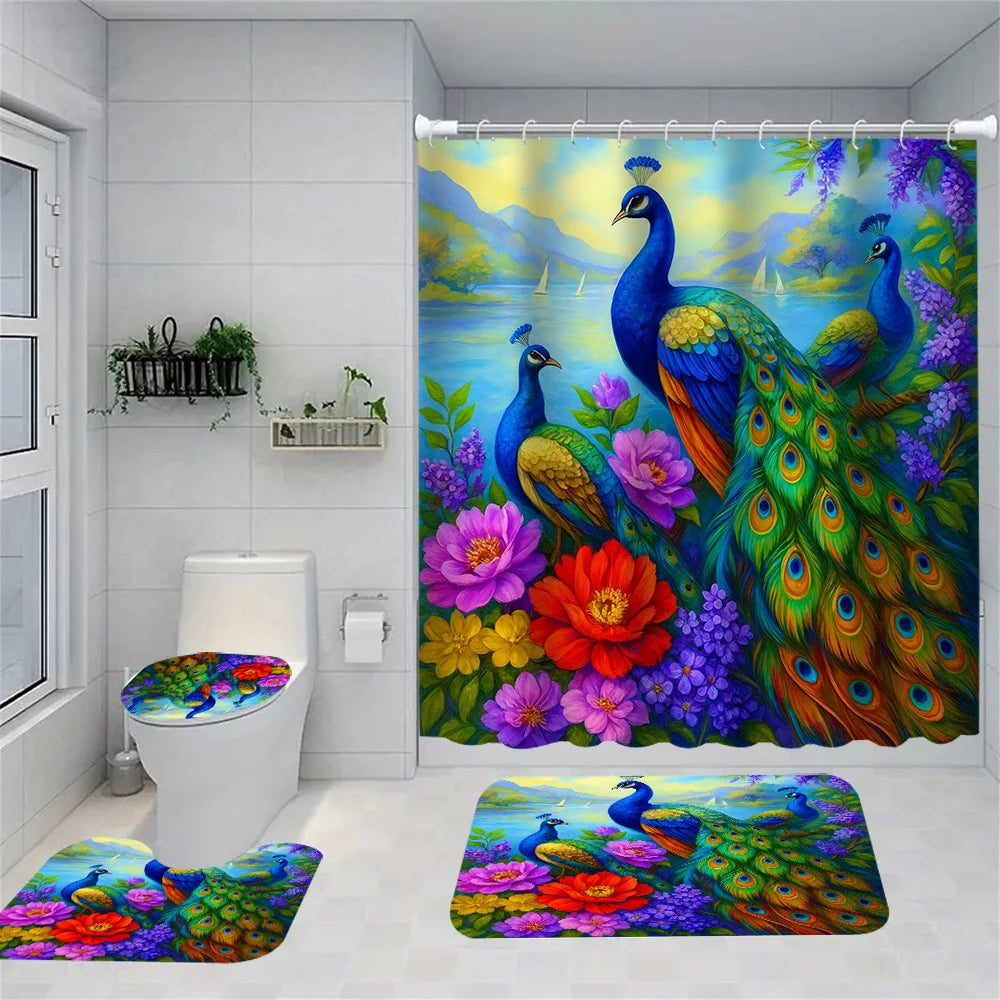 A vibrant floral shower curtain featuring peacocks and colorful flowers, displayed in a bathroom setting.