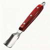 A stainless steel corn kernel remover peeler with a wooden handle and a silver blade.