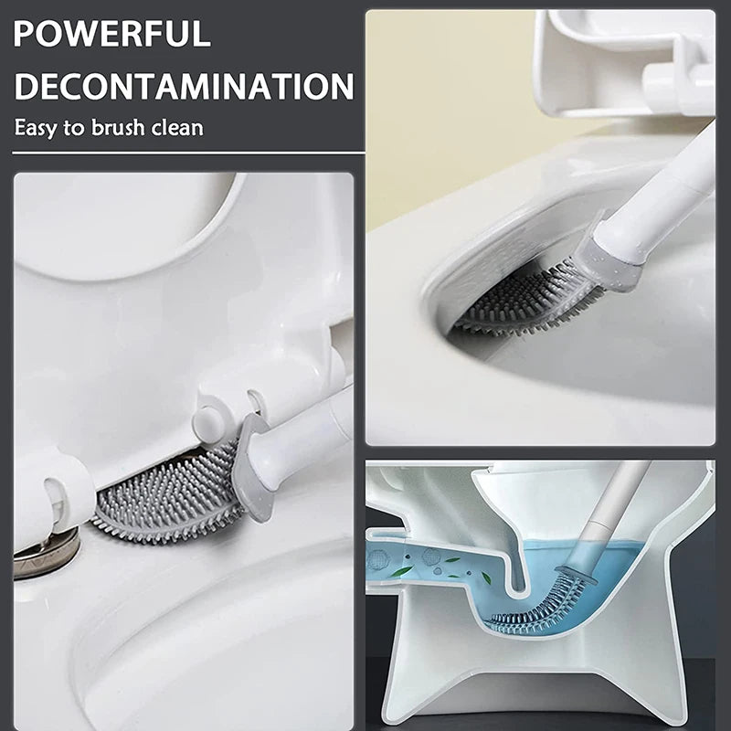 Set de brosses de toilette en silicone fixées au mur, démontrant une décontamination puissante et un nettoyage facile.