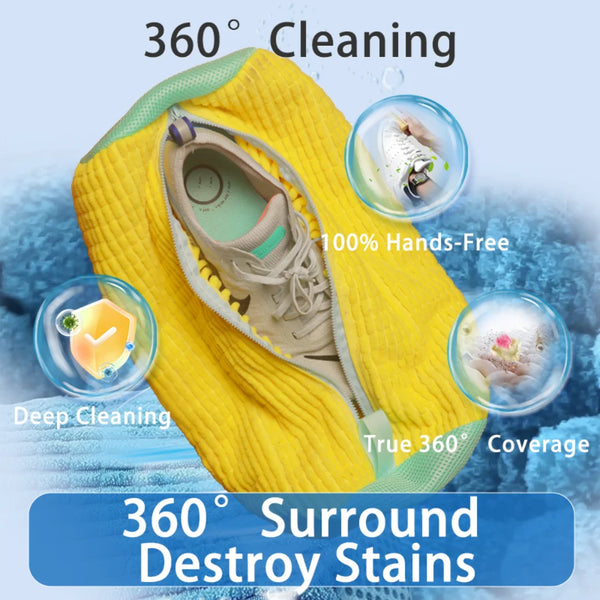 Yellow reusable shoe washing bag demonstrating 360 degree cleaning and stain destruction features.