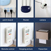 A set of heavy duty double-sided adhesive wall hooks, a patch board, a router, a camera, a remote control, a hanging picture,