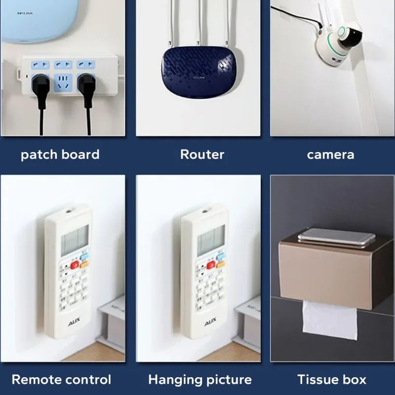 A set of heavy duty double-sided adhesive wall hooks, a patch board, a router, a camera, a remote control, a hanging picture,