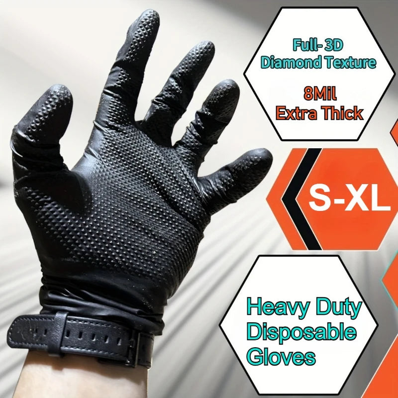 A close-up of a black extra thick 8 mil heavy duty disposable nitrile glove with a diamond texture being worn on a hand.
