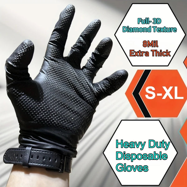 A close-up of a black extra thick 8 mil heavy duty disposable nitrile glove with a diamond texture being worn on a hand.