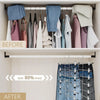 Before and after comparison showing adjustable pants hangers with swivel clips for closet organization