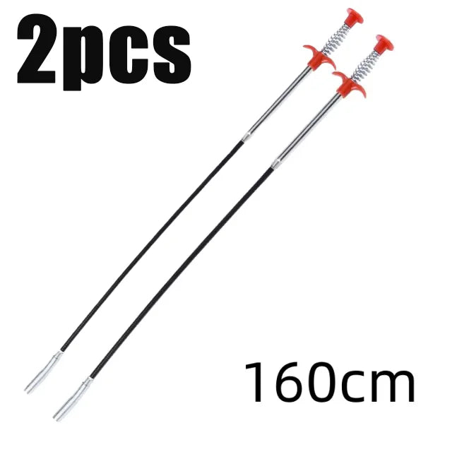 Two bendable drain augers with claw hooks for hair and debris removal, measuring 160cm long.