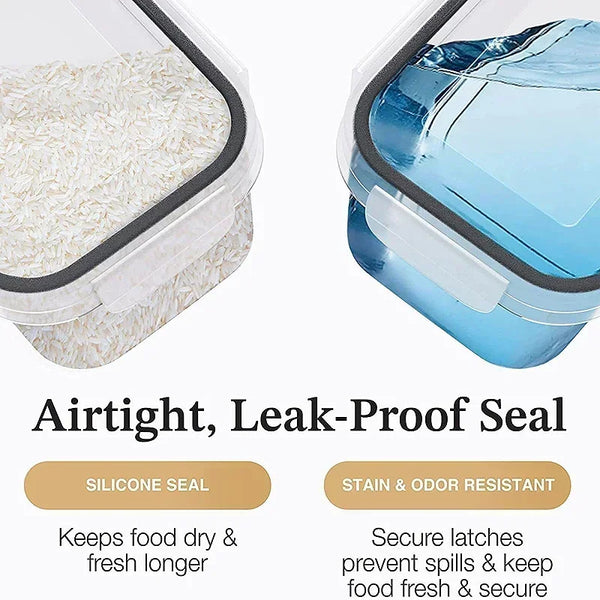 A set of airtight, leak-proof food storage containers with silicone seals and stain-odor resistant lids.