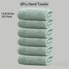 A stack of six light green textured hand towels, measuring 13.8x29.5 inches each.