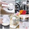 A set of 5 electric spin scrubbers with replaceable brush heads being used to clean a sink and various surfaces.