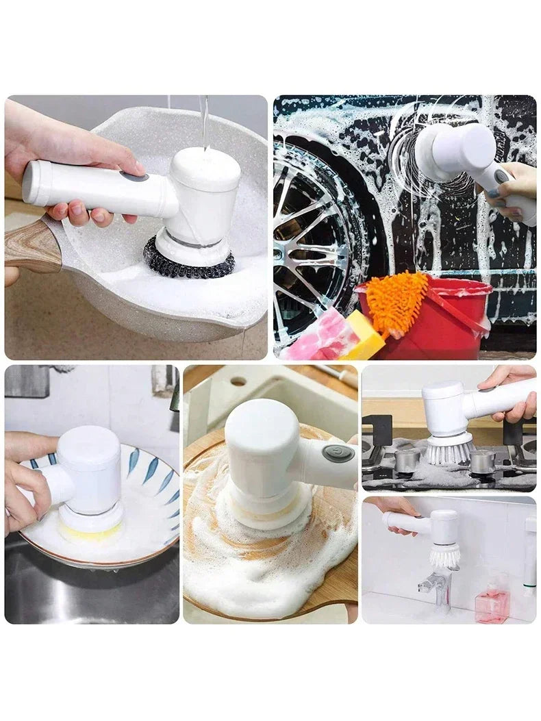 A set of 5 electric spin scrubbers with replaceable brush heads being used to clean a sink and various surfaces.