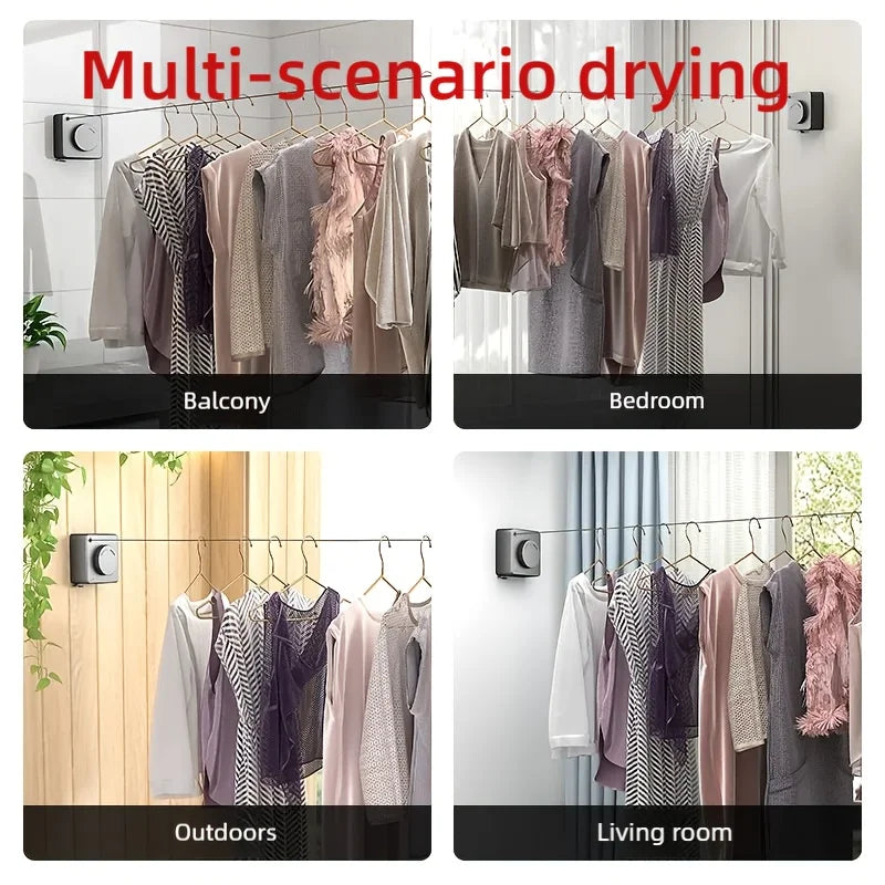 Various multi-scenario drying racks showing clothes in balcony, bedroom, outdoors, and living room settings