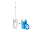 A wall-mounted toilet brush cleaning kit with a white handle and blue cleaning pads.