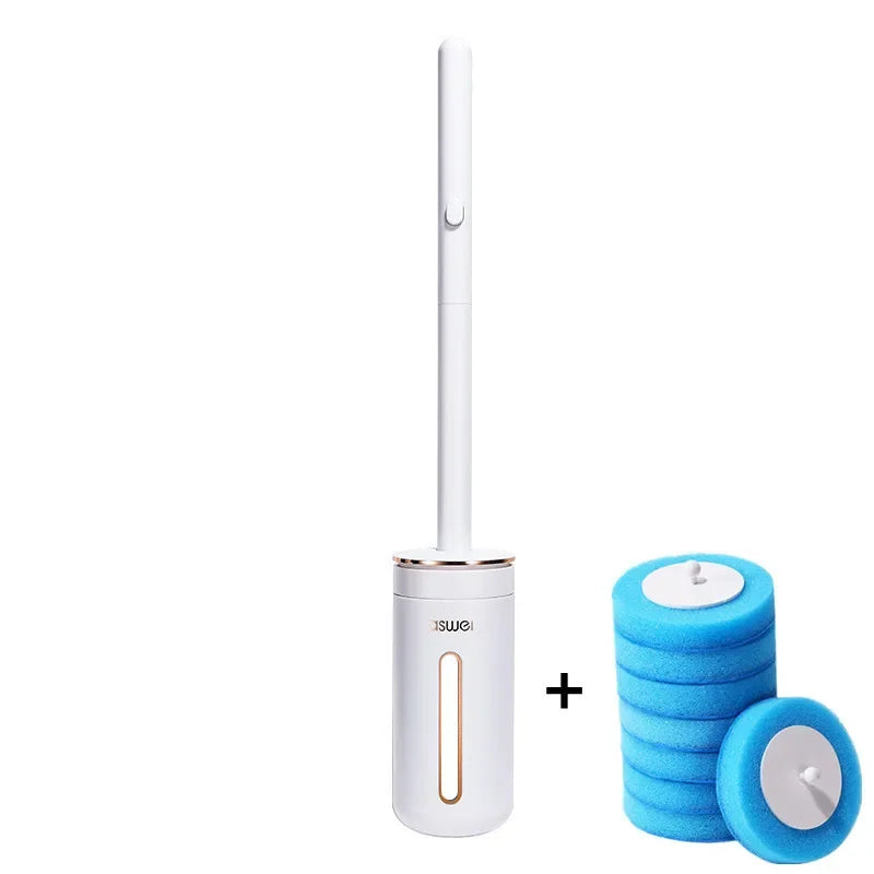 A wall-mounted toilet brush cleaning kit with a white handle and blue cleaning pads.