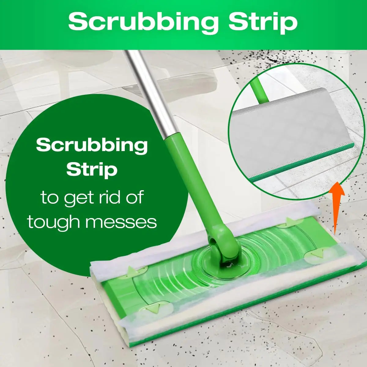 A green scrubbing strip tool is shown cleaning a floor, with an inset showing the scrubbing pad.