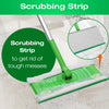 A green scrubbing strip tool is shown cleaning a floor, with an inset showing the scrubbing pad.