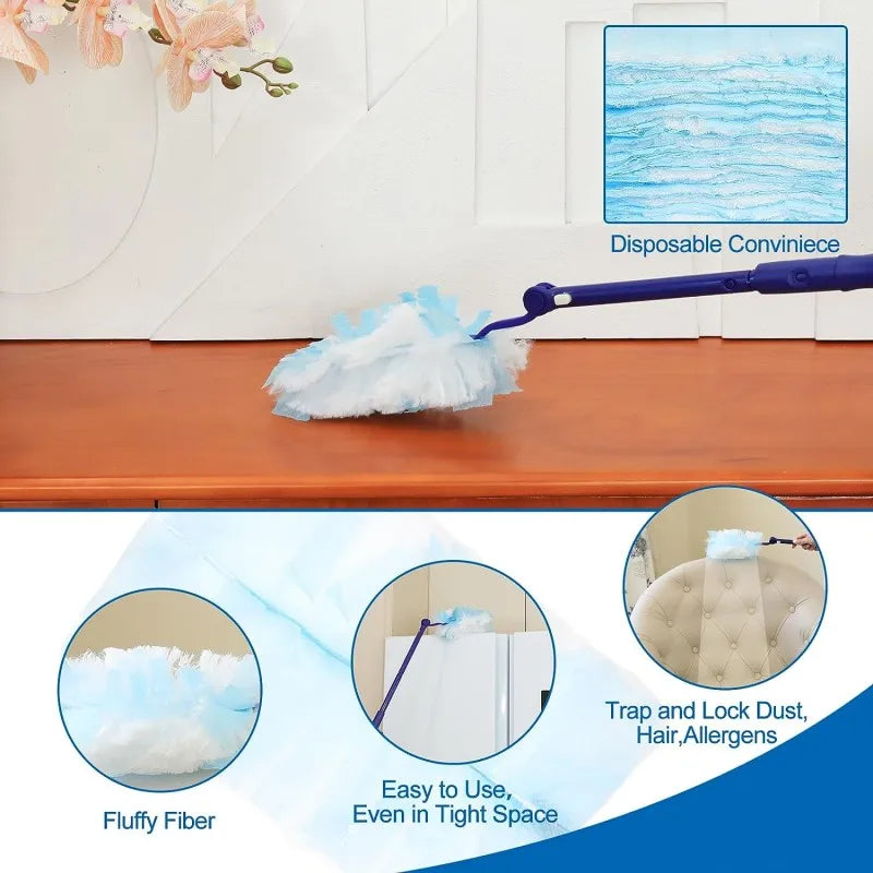 A blue electrostatic cleaning duster filled with fluffy fiber is shown on a wooden surface, with close-ups of the fiber and u
