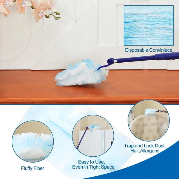 A blue electrostatic cleaning duster filled with fluffy fiber is shown on a wooden surface, with close-ups of the fiber and u