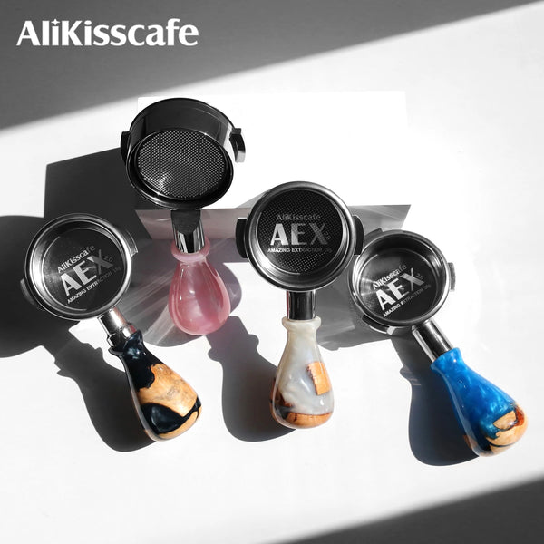 Three naked coffee portafilters with different colored handles and metal baskets displayed on a white background.