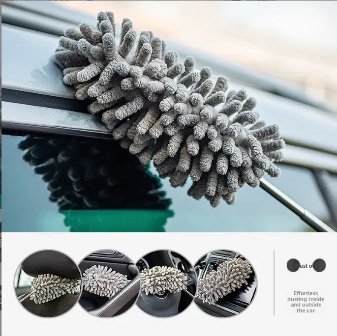 A microfiber dust duster is shown being used on a car window, demonstrating its effortless cleaning ability.