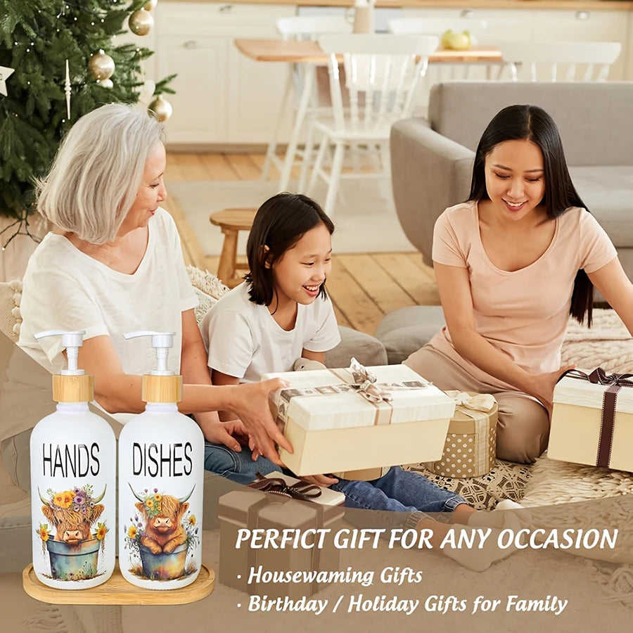 A set of farmhouse cow soap dispensers for household and birthday gifts shown in a bright kitchen setting.
