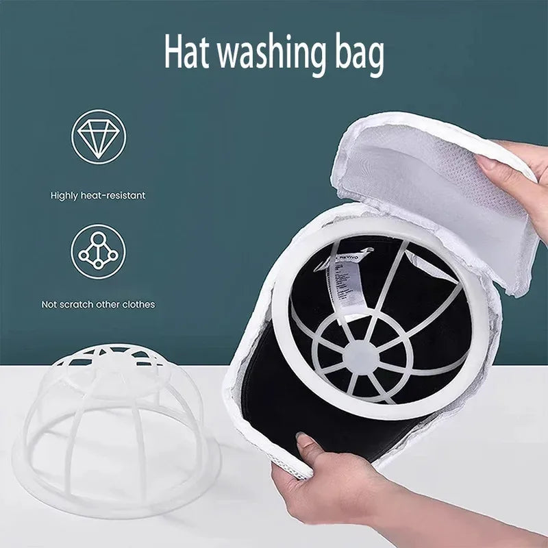 A hand is opening a white reusable laundry bag designed for hat washing, showing the mesh interior.