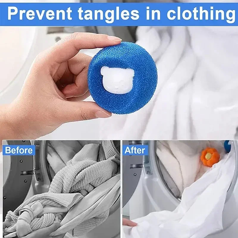 A hand holds a blue lint remover ball with a white pad, demonstrating a tool used to prevent tangles in clothing.
