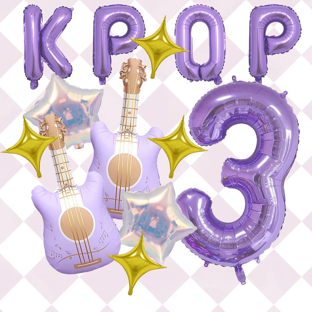 A set of purple balloons shaped like letters and numbers, including the word 'KPOP' and the number 3, accented with golden st