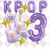 A set of purple balloons shaped like letters and numbers, including the word 'KPOP' and the number 3, accented with golden st